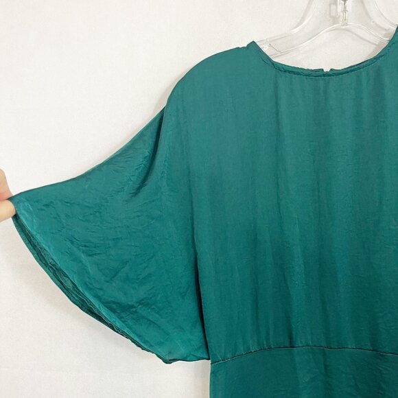 NEW ASOS Satin Flutter Sleeve Midi Dress in Pine Green Bat Wing Slit Size US 4 - Picture 3 of 9